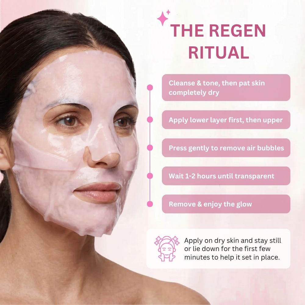 Woman applying a face mask with step-by-step instructions on a pink background