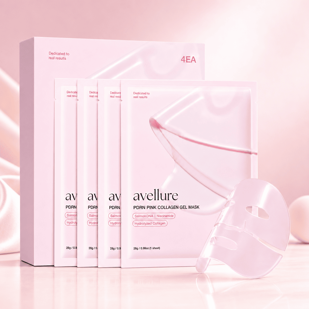 Avellure pink collagen gel mask packaging on a pink background