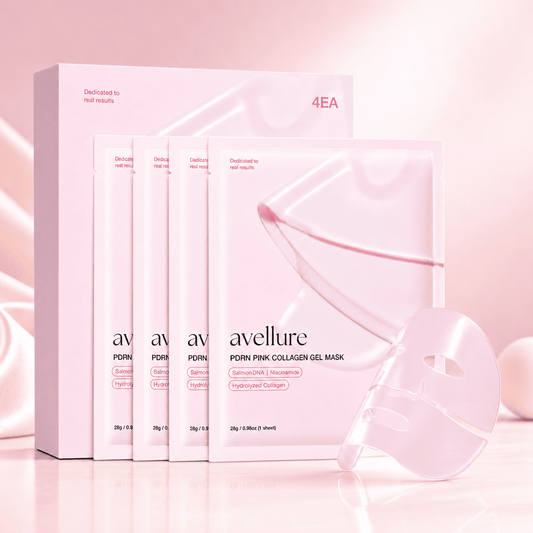 Avellure pink collagen gel mask packaging on a pink background