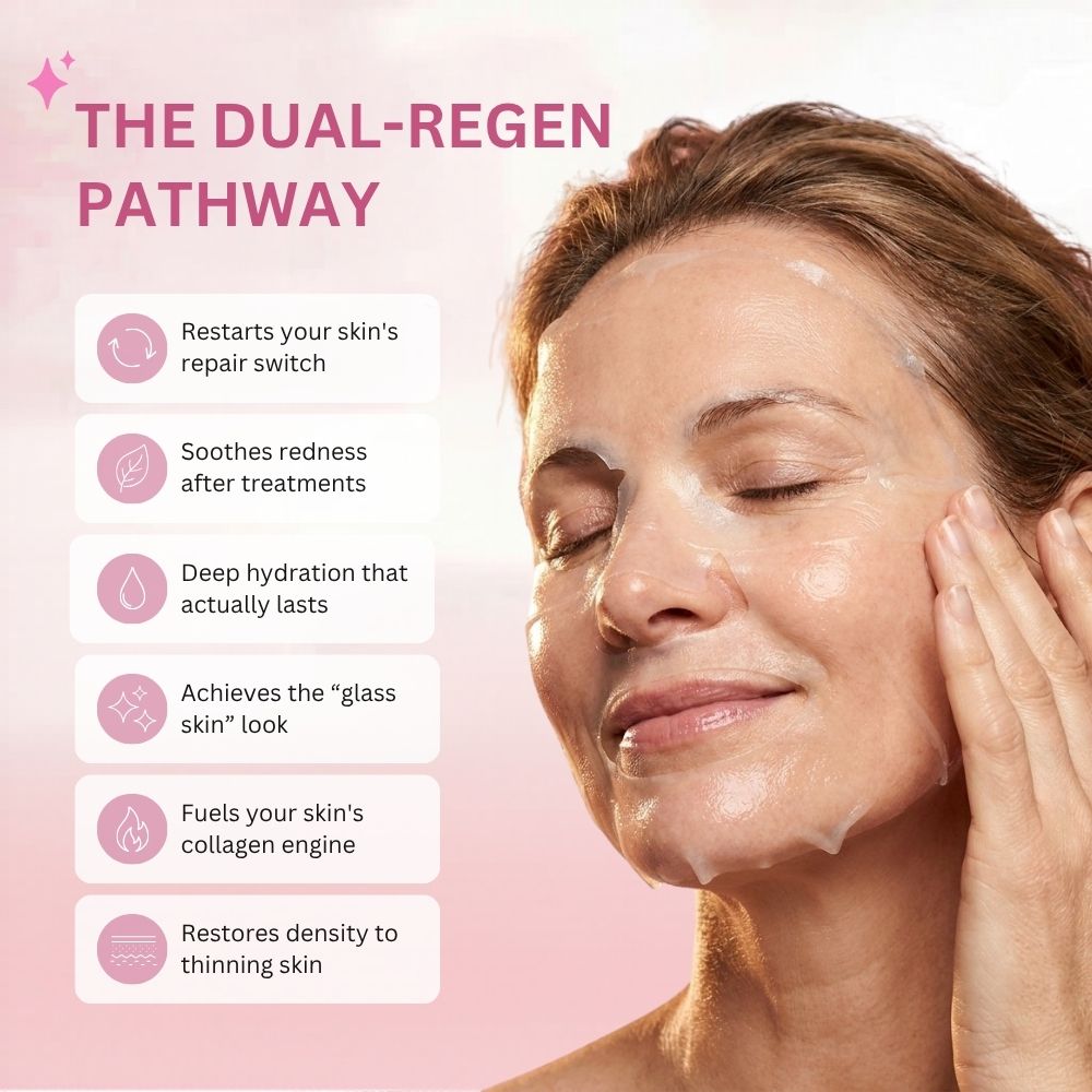Woman applying skincare product with 'The Dual-Regen Pathway' text and benefits on a pink background