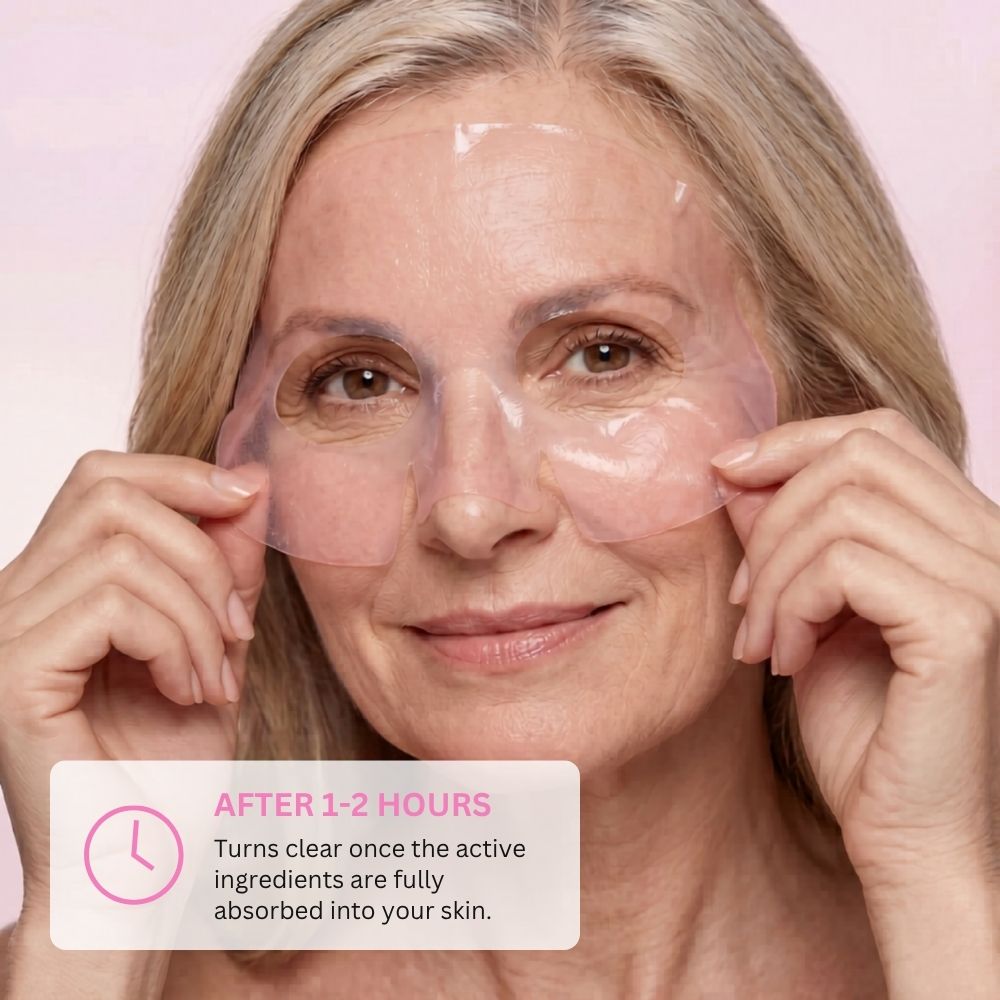 Woman applying clear patches to her face with a pink background