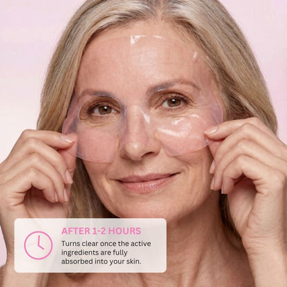 Woman applying clear patches to her face with a pink background